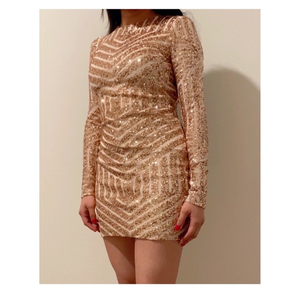 B Darlin Rose Gold Long Sleeve Backless Dress - Picture 1 of 5